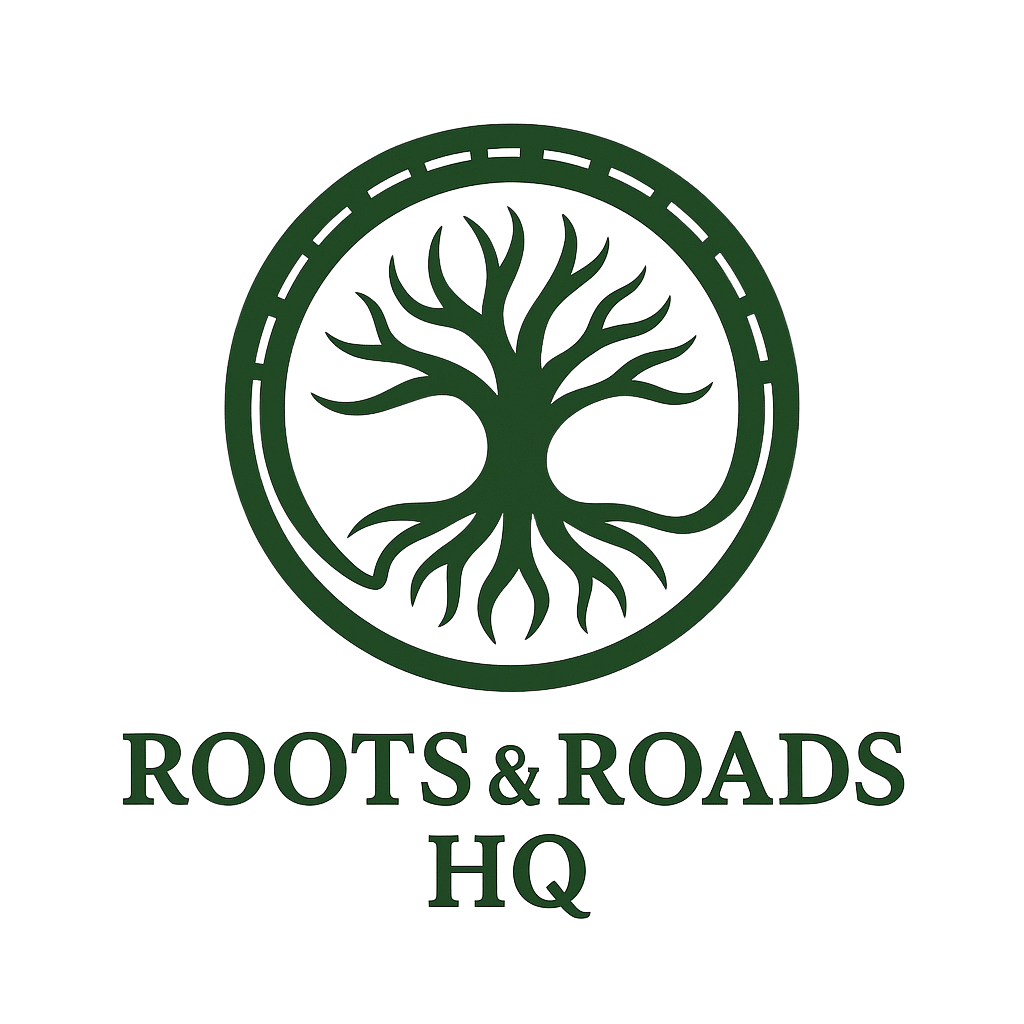 Roots & Roads HQ logo featuring a stylized green tree inside a circular road emblem, symbolizing global cultural connection, integration, and community building.